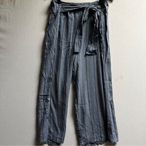 Made in Italy 100% Linen Blue Grey Striped Wide Leg Tie Waist Pants Lagenlook
